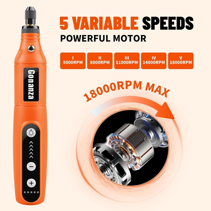 Gonanza Mini Cordless Rotary Tool Kit - 5-Speed, 3.7V Power Supply with LED Light 62 Accessories for Engraving, Sanding, Polishing, Type-C Rechargeable Perfect for DIY Crafts and Precision Work - Image 3